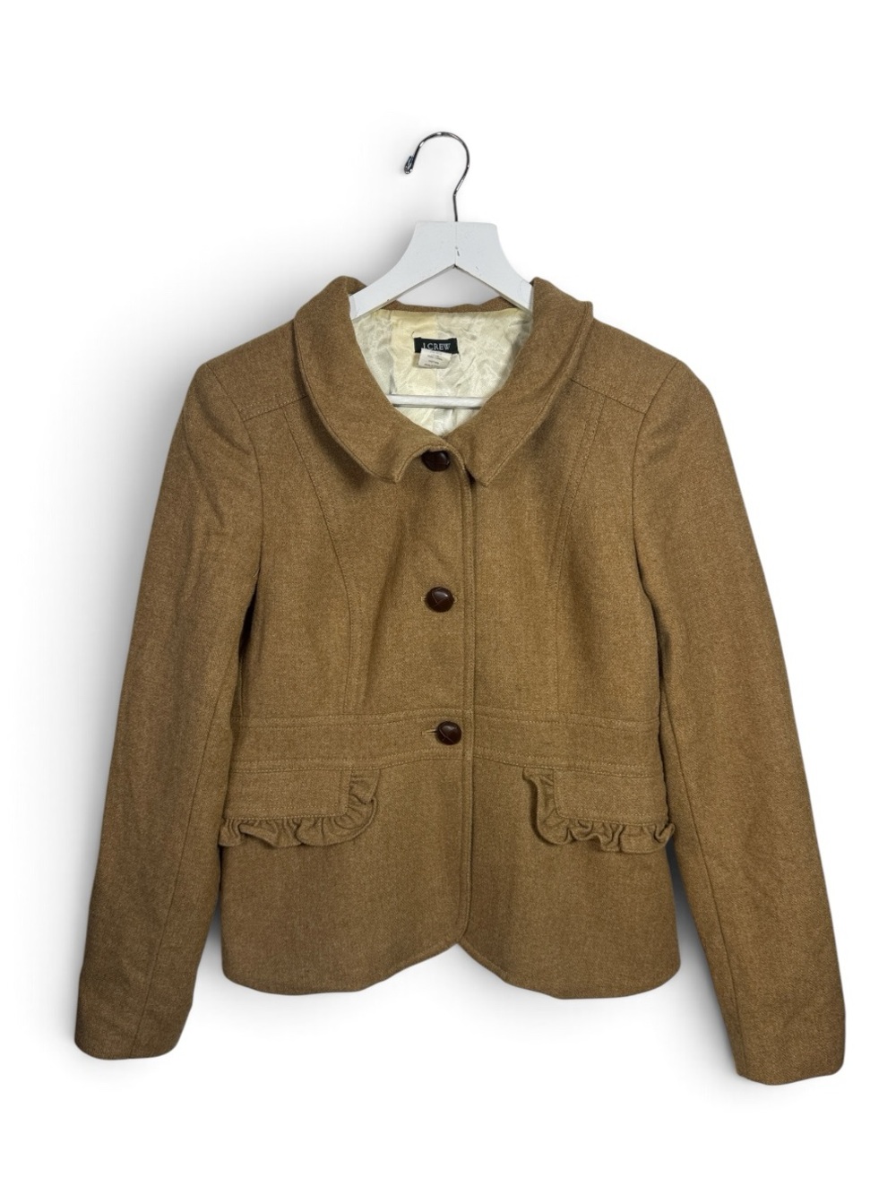 J. Crew Womenβs Wool-Blend Jacket with Ruffle Trim in Camel Tan W2535 Sz 12